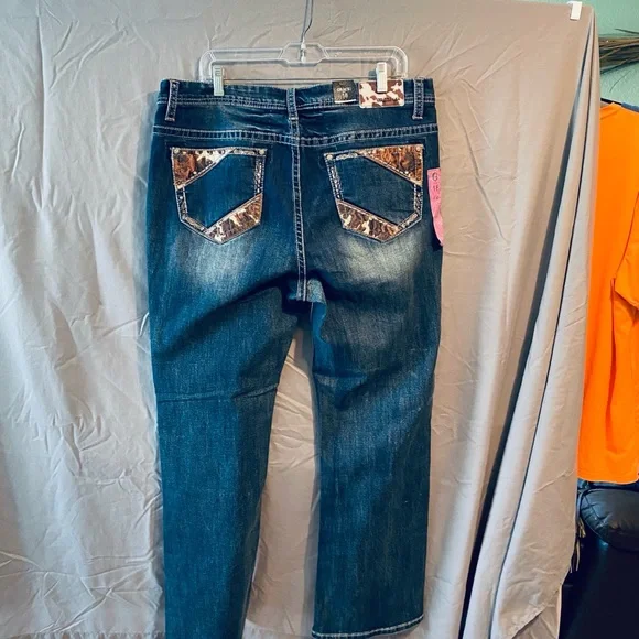 Grace in LA Dark Blue Boot Cut Jeans with Faded Wash - Picture 6 of 9